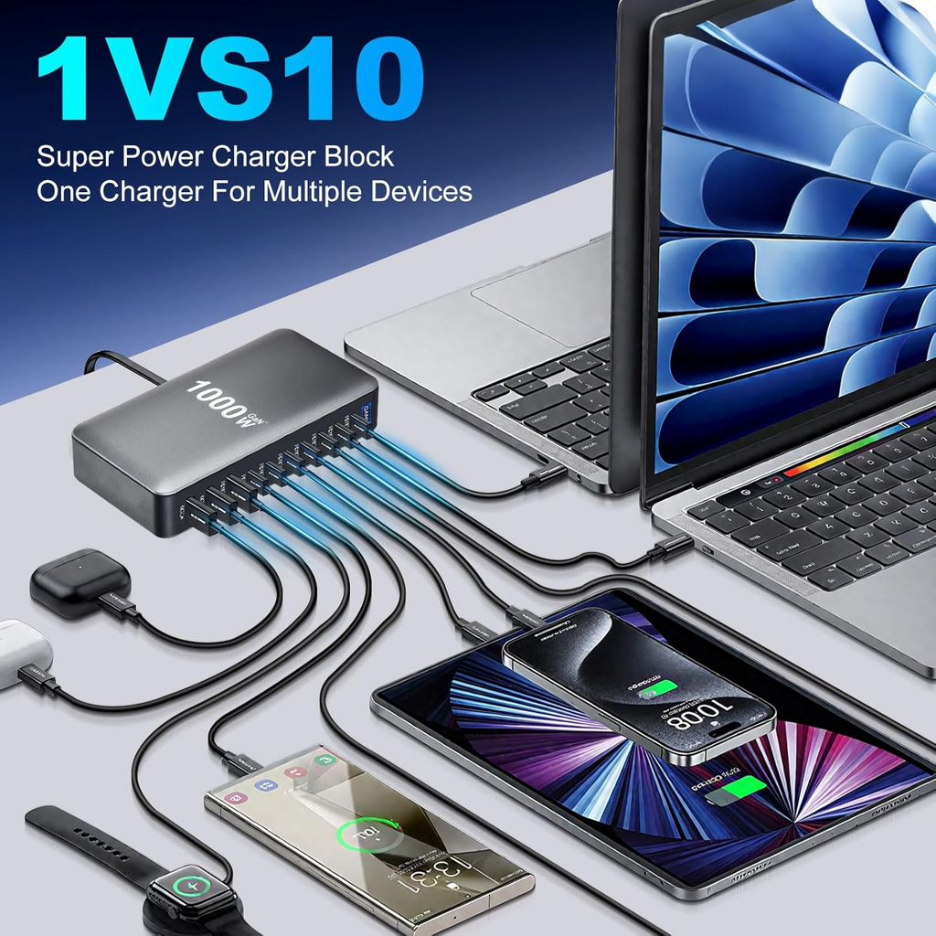 10 in 1 & 1000W USB C Charger Multiple GaN 4 Max PD140W/100W QC20W Laptop Fast Charger Charging Station for iPhone 17 Samsung 25 (BLACK)