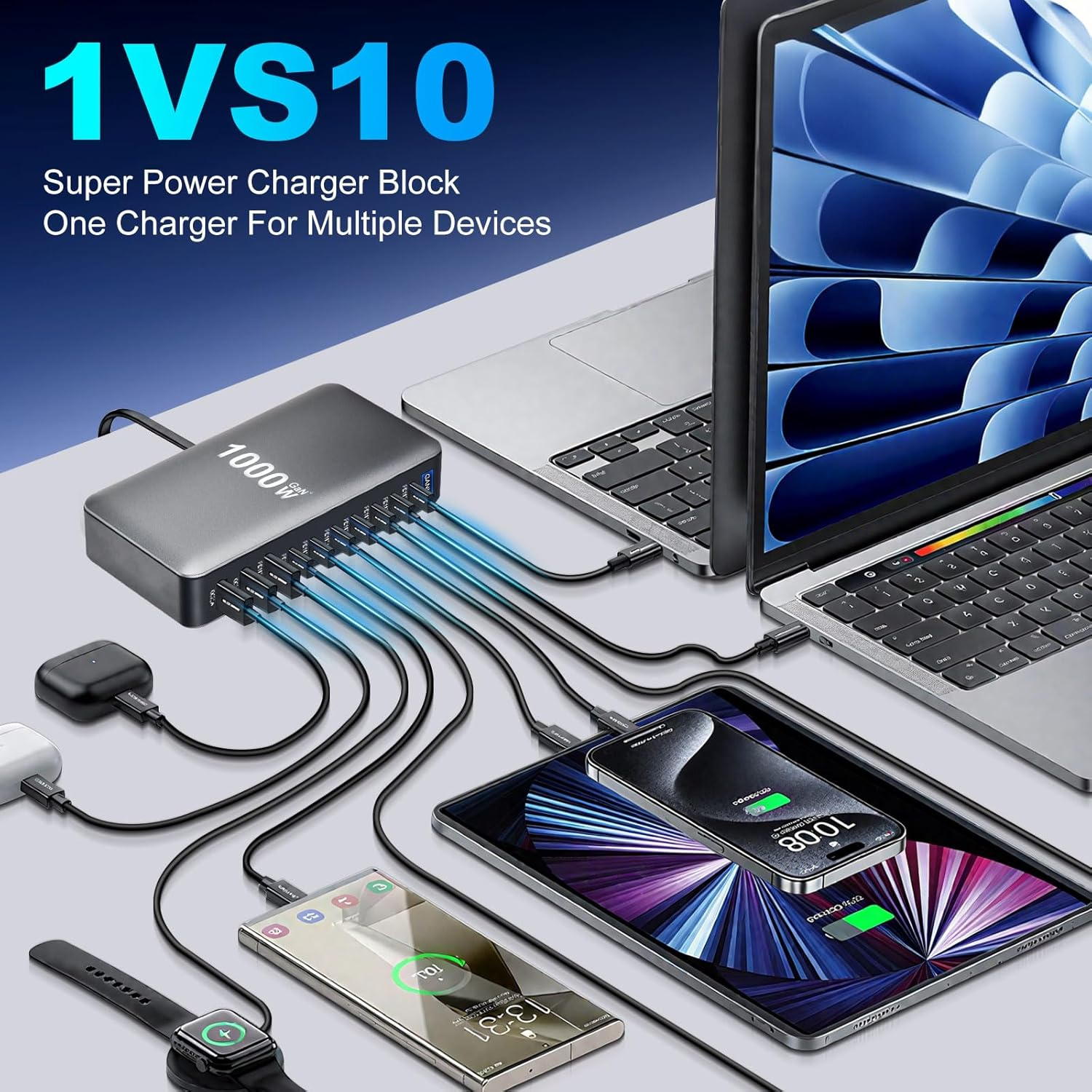 10 in 1 & 1000W USB C Charger Multiple GaN 4 Max PD140W/100W QC20W Laptop Fast Charger Charging Station for iPhone 17 Samsung 25 (BLACK)