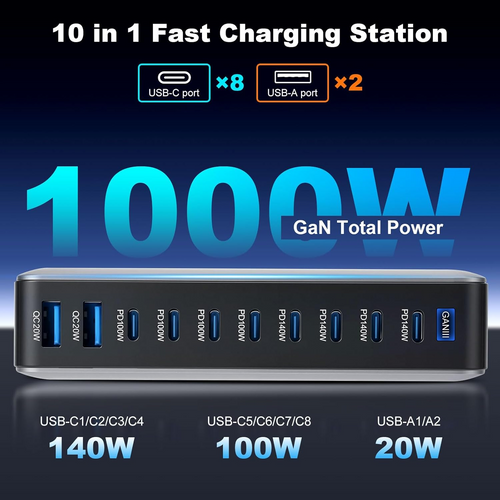10 in 1 & 1000W USB C Charger Multiple GaN 4 Max PD140W/100W QC20W Laptop Fast Charger Charging Station for iPhone 17 Samsung 25 (BLACK)