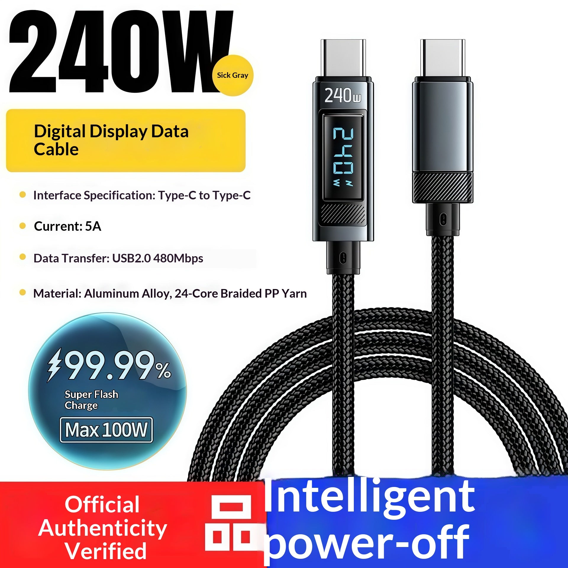 240W Digital Display Type-C Data Cable with E-Marker Chip USB 2.0 for Tablets Supporting Fast Charging and Data Transfer 1M(3.3ft).