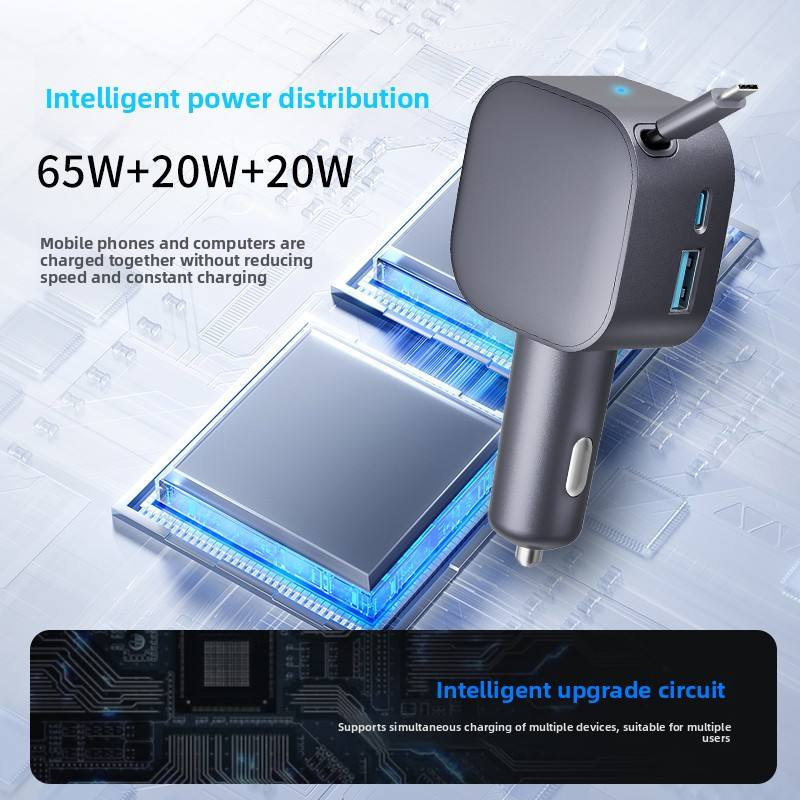 105W Retractable Car Charger 3 in 1 Fast Charging Cigarette Lighter Adapter with Dual USB C Port for iPhone/Samsung/Laptop/Tablets