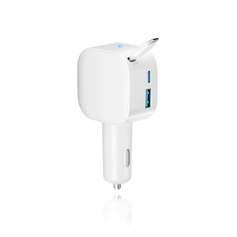 105W Retractable Car Charger 3 in 1 Fast Charging Cigarette Lighter Adapter with Dual USB C Port for iPhone/Samsung/Laptop/Tablets (WHITE)
