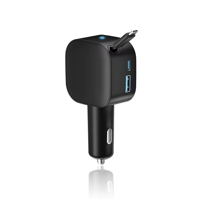 105W Retractable Car Charger 3 in 1 Fast Charging Cigarette Lighter Adapter with Dual USB C Port for iPhone/Samsung/Laptop/Tablets