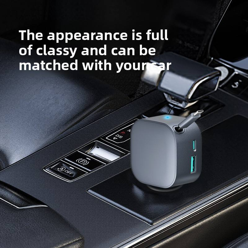 105W Retractable Car Charger 3 in 1 Fast Charging Cigarette Lighter Adapter with Dual USB C Port for iPhone/Samsung/Laptop/Tablets