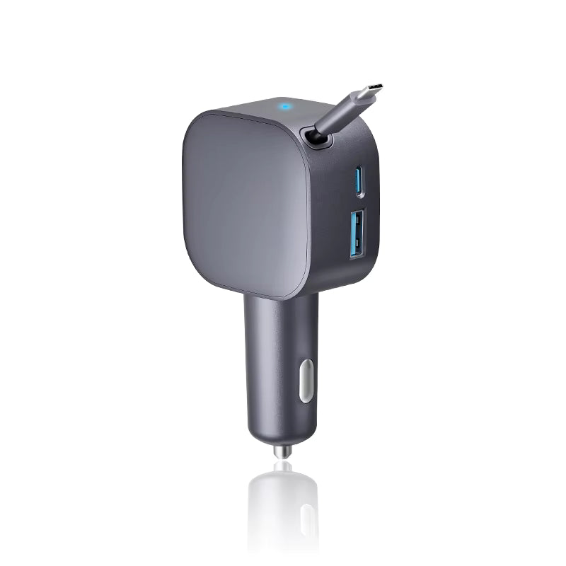 105W Retractable Car Charger 3 in 1 Fast Charging Cigarette Lighter Adapter with Dual USB C Port for iPhone/Samsung/Laptop/Tablets