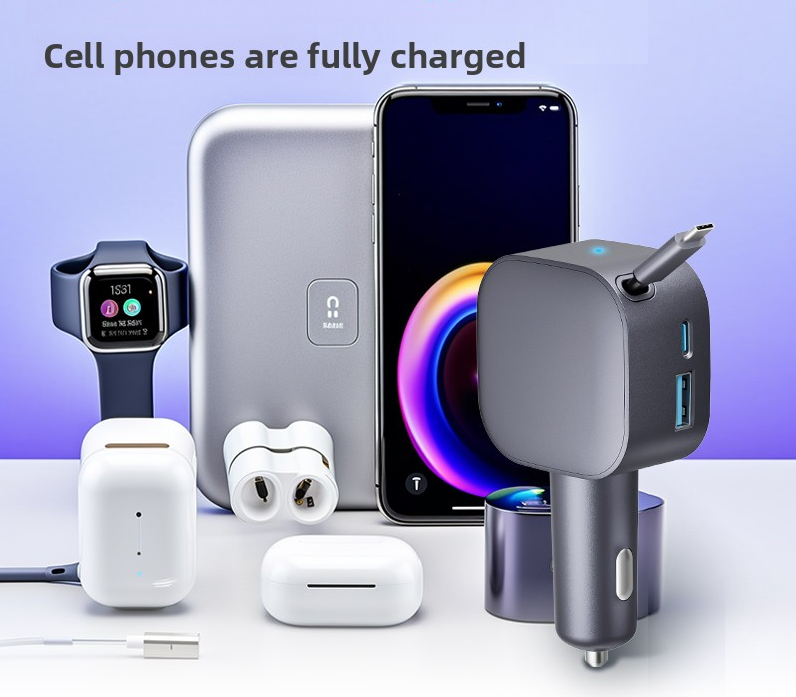 105W Retractable Car Charger 3 in 1 Fast Charging Cigarette Lighter Adapter with Dual USB C Port for iPhone/Samsung/Laptop/Tablets