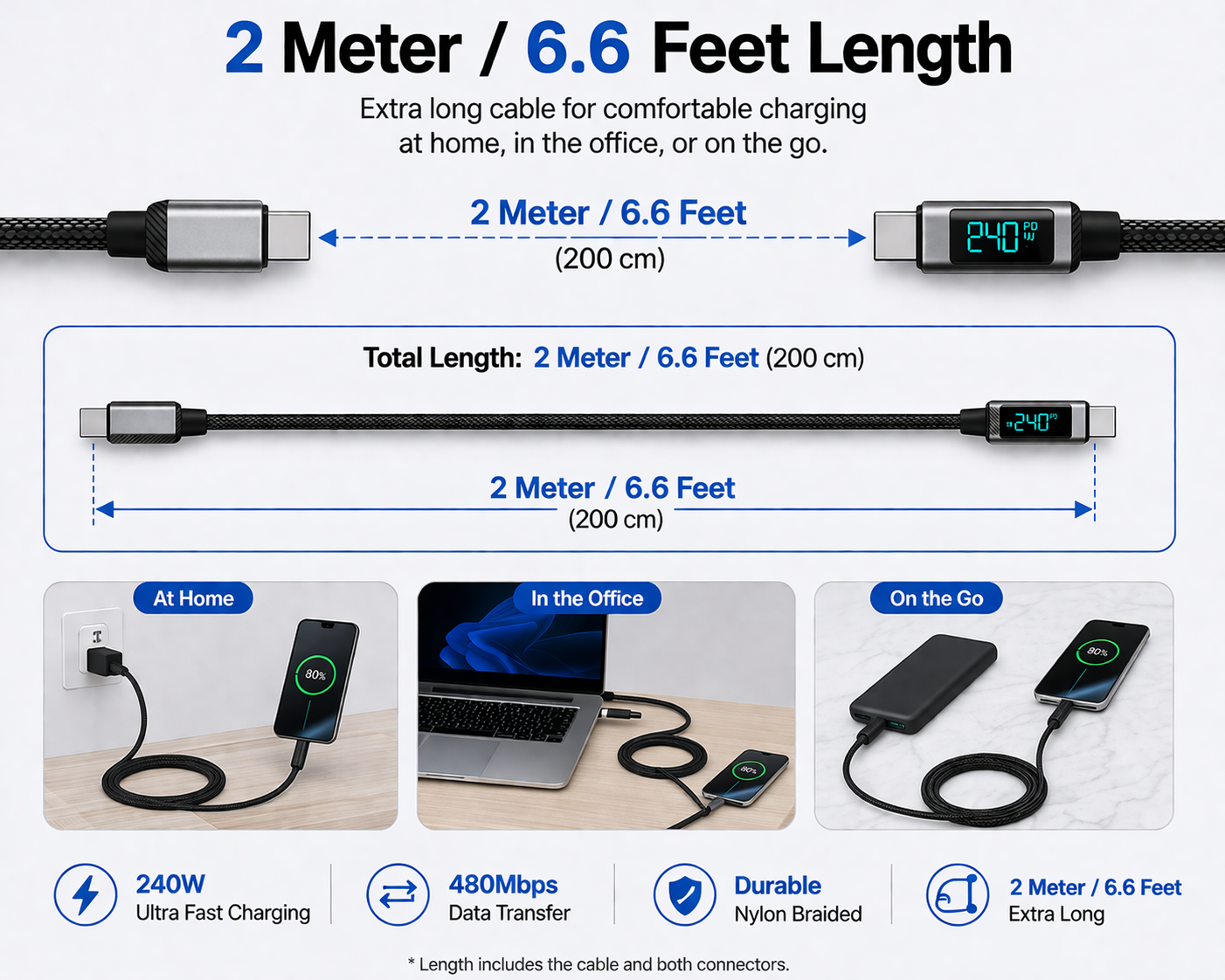 240W Digital Display Type-C Data Cable with E-Marker Chip USB 2.0 for Tablets Supporting Fast Charging and Data Transfer 1M(3.3ft).