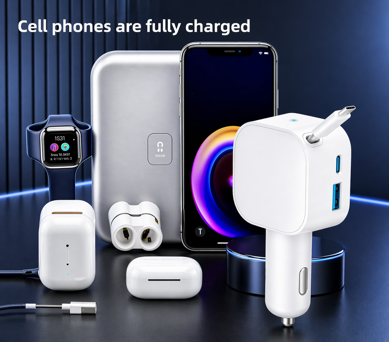 105W Retractable Car Charger 3 in 1 Fast Charging Cigarette Lighter Adapter with Dual USB C Port for iPhone/Samsung/Laptop/Tablets (WHITE)