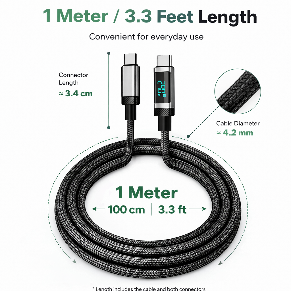 240W Digital Display Type-C Data Cable with E-Marker Chip USB 2.0 for Tablets Supporting Fast Charging and Data Transfer 1M(3.3ft).