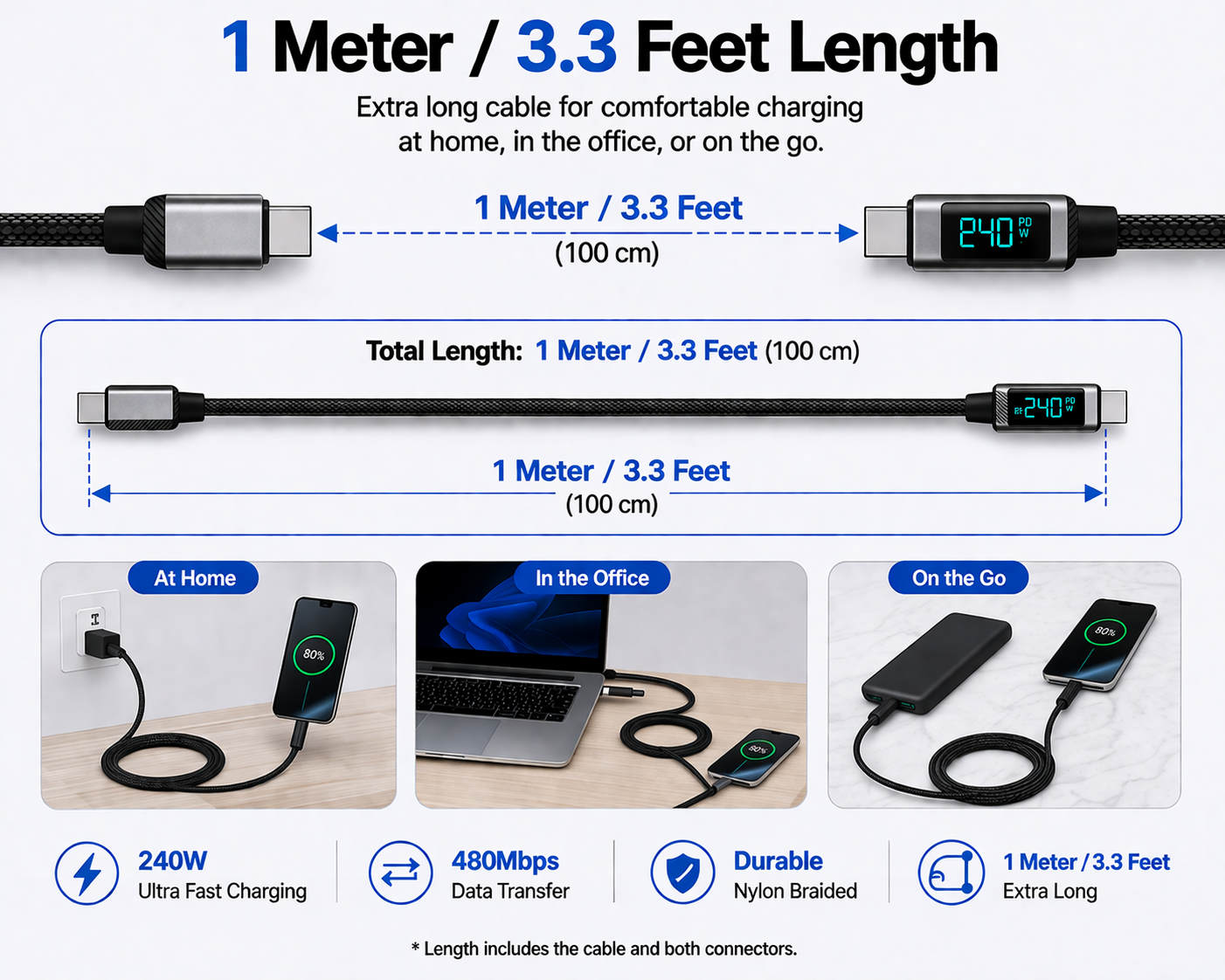 240W Digital Display Type-C Data Cable with E-Marker Chip USB 2.0 for Tablets Supporting Fast Charging and Data Transfer 1M(3.3ft).