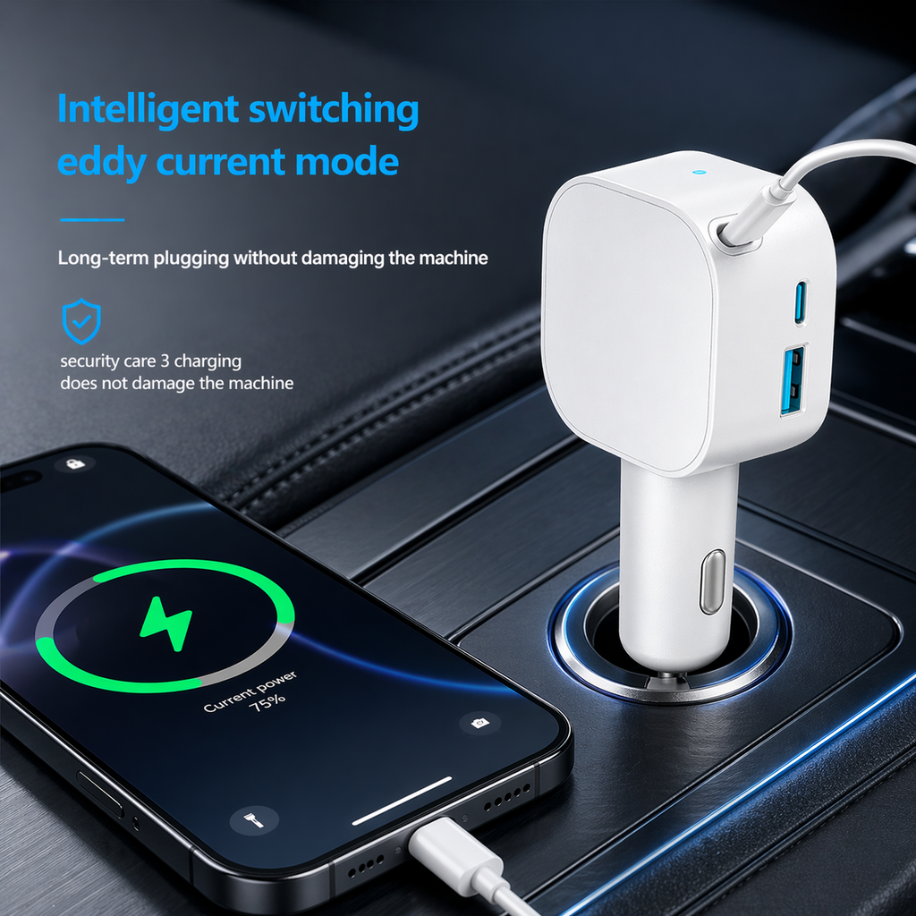 105W Retractable Car Charger 3 in 1 Fast Charging Cigarette Lighter Adapter with Dual USB C Port for iPhone/Samsung/Laptop/Tablets (WHITE)